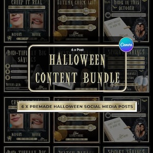 Puede incluir: Un conjunto de seis publicaciones prediseñadas para redes sociales de Halloween con fondo negro y detalles dorados. Las publicaciones presentan varios gráficos y textos con temática de Halloween, como "Creep It Real", "Boo-Tifully Big Savings", "Witch Please" y "Spooky Savings".