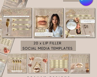 Lip Filler Social Media Templates, Beige Gold Theme (Canva Editable)