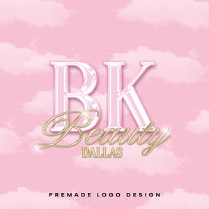 May include: A pink logo design featuring the letters "BK" in white and pink, with "Beauty" in gold script. The word "Dallas" is below "Beauty". The background is a pink sky with white clouds. The text "PREMADE LOGO DESIGN" is at the bottom.