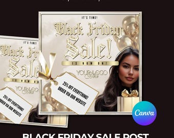 Black Friday Social Media Post, Gold, y2k Style, Edit In Canva, Promotion Flyer, Black Friday Sale, Gold & Beige Theme, Monthly offers