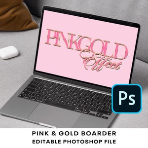 May include: A laptop screen displaying a pink and gold text effect that says "Pinkgold Effect". The text is in a stylized font with a 3D effect. The laptop is on a gray couch with a white AirPod case to the left of the laptop. The Photoshop logo is in the bottom right corner of the screen.