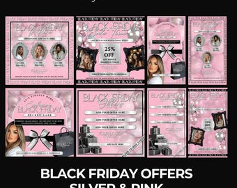 8 x Black Friday Social media post, Pink and Silver, Instagram Feed Post and Instagram Story, Monthly Offers, Beauty Industry Posts
