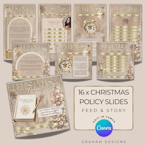 May include: A set of 16 Christmas-themed social media slides for feed and story posts. The slides feature a gold and white color scheme with a festive design. The text on the slides includes "Christmas Diary is Open", "Lateness Policy", "December Availability", and "Festive Payment Policy".