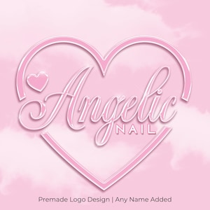 May include: A premade logo design featuring the word "Angelic Nail" in a pink, cursive font inside a pink heart with a smaller pink heart in the top left corner. The background is a soft pink with a cloud-like texture.