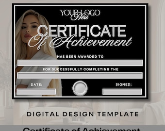 Certificate of Achievement, Beauty course certificate for training academy, Black and Silver theme, Digital Template only (No prints)