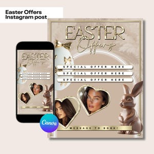 Op de afbeelding: Een digitale marketingpost voor paasacties. De post heeft een lichtbruine achtergrond met gouden accenten. De tekst "Paasacties" is geschreven in gouden letters. Er worden drie speciale aanbiedingen vermeld. De post bevat ook een chocoladekonijn en een chocolade-ei.