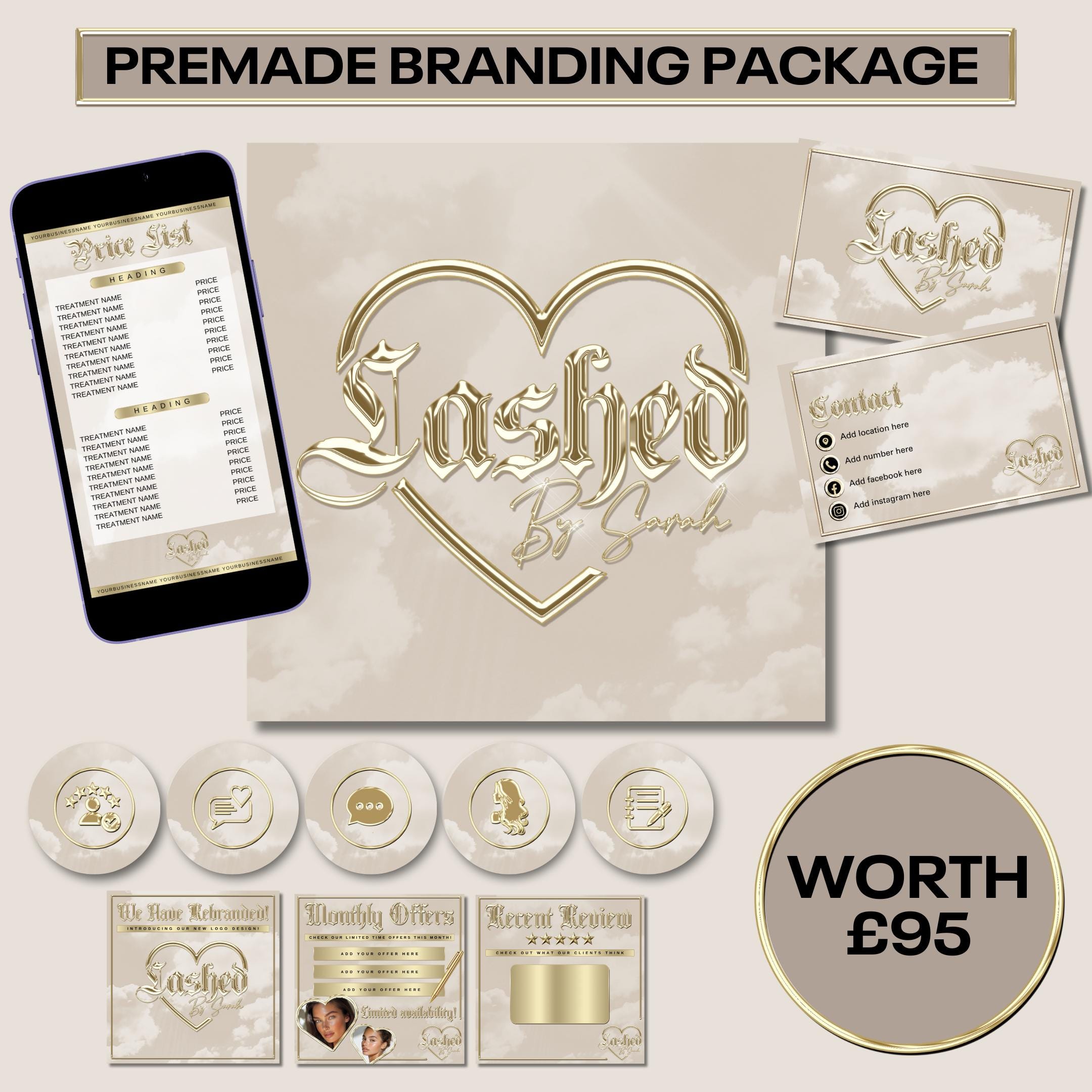 Paquete de marca prediseñado, logotipo de belleza beige dorado, portada destacada, marca completa, requiere Canva Pro, diseño de tarjeta de presentación para propietario de salón