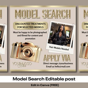 Beige and Gold, Model Search Beauty Template, Editable in Canva Pro, Aesthetics Post, Social media Flyer for Beauty, Lash Tech, Academy