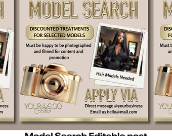 Beige and Gold, Model Search Beauty Template, Editable in Canva Pro, Aesthetics Post, Social media Flyer for Beauty, Lash Tech, Academy