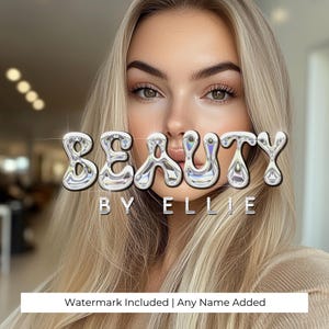 May include: A woman with long blonde hair and a neutral expression. The text "BEAUTY BY ELLIE" is superimposed over the image in a silver, bubbly font.