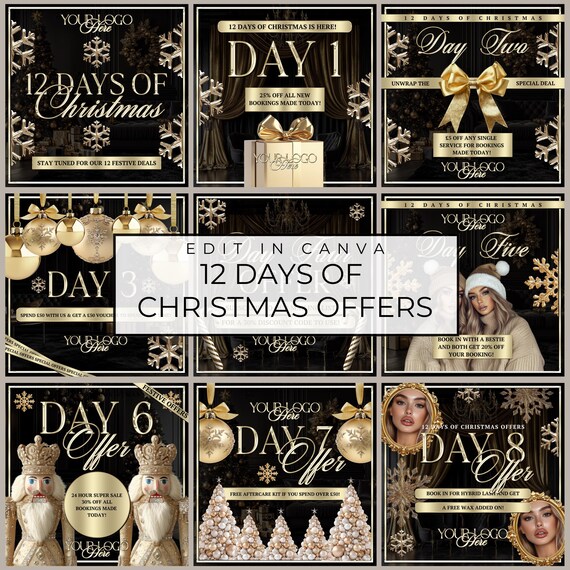 Beauty Business 12 Days of Christmas Flyers, Black and Gold Canva Templates (Instant download)