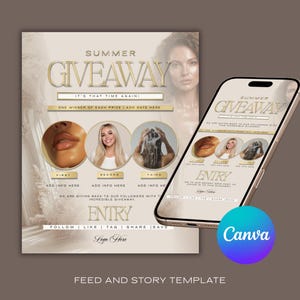 May include: A digital template for a summer giveaway featuring a beige colour scheme with gold text. The design includes three circular photo placeholders, text fields for entry instructions, and a smartphone displaying the same layout.