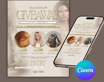 Summer Giveaway, Canva Template, Beauty Salon, Beige Gold Luxe  (Instant Download)