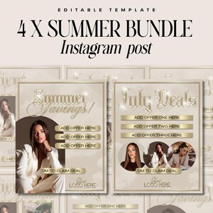 Op de afbeelding: Een Instagram post template bundel met de tekst "4 X SUMMER BUNDLE Instagram post". Het ontwerp toont twee voorbeeld posts met de tekst "Summer Savings!" en "July Deals". Elke post bevat een foto van een vrouw en gebieden om aanbiedingen toe te voegen.