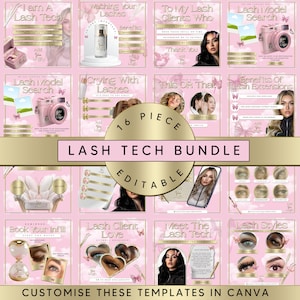 May include: A pink and gold digital marketing template bundle for lash technicians. The templates feature butterflies, clouds, and text such as "Lash Tech Bundle", "I am a Lash Tech", "Lash Model Search", "Crying with Lashes", "Benefits of Lash Extensions", "This or That", "Book Your Infill", "Lash Client Love", "Meet the Lash Tech", and "Lash Styles".