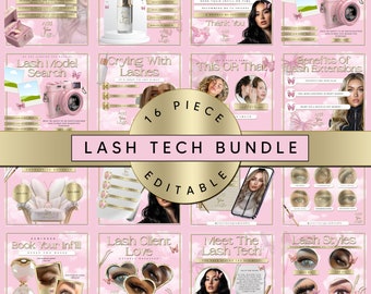 16 X Lash Tech Instagram Feed Posts bundle, Canva Editable Templates, Pink & Gold Theme