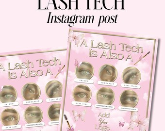 Puede incluir: Gráfico rosa y dorado con el texto "A Lash Tech Is Also A" y una cuadrícula de seis imágenes de ojos con texto debajo de cada imagen. El texto debajo de las imágenes incluye "Friend", "Therapist", "Safe Space", "Hype Girl", "Confidence Booster" y "Relationship Coach". El gráfico también incluye mariposas y el texto "Add Your Logo" y "@yourinstagramhandle".