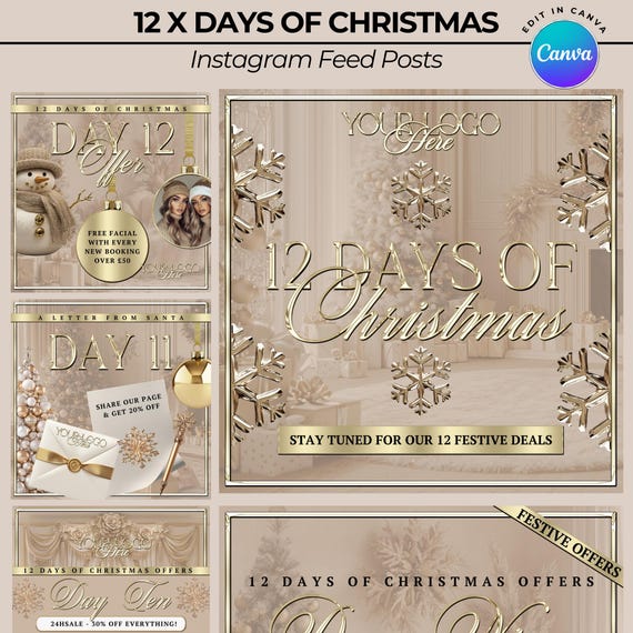 Christmas Flyer, Beauty, Gold and beige, 12 days of Christmas Offers, , Edit in Canva, December Offers