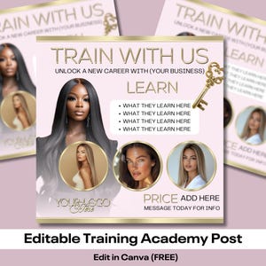 Puede incluir: Gráfico rosa y dorado con el texto "Train with us" y "Unlock a new career with (your business)". El gráfico presenta tres rostros de mujeres y una llave dorada. El texto "Learn" se enumera con viñetas de lo que aprenden. El texto "Price add here" y "Message today for info" también está incluido.