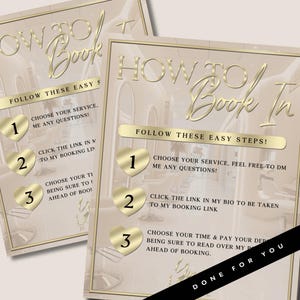 May include: A gold and white graphic with the text "How to Book In" and three steps to book an appointment. The steps are numbered 1, 2, and 3. Each step is represented by a gold heart with the number inside. The background is a light brown color with a blurred image of a room.