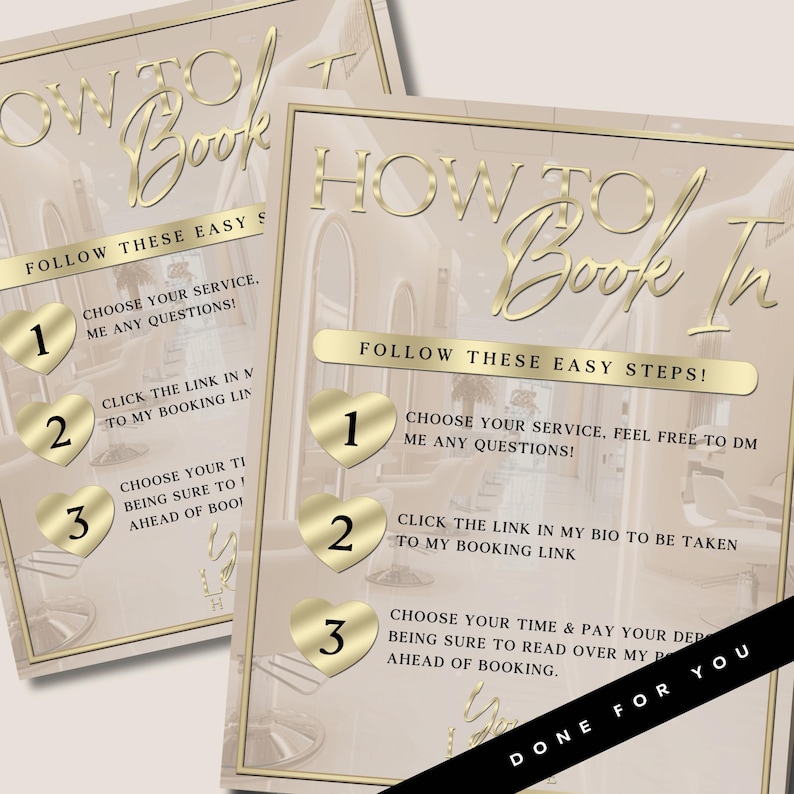May include: A gold and white graphic with the text "How to Book In" and three steps to book an appointment. The steps are numbered 1, 2, and 3. Each step is represented by a gold heart with the number inside. The background is a light brown color with a blurred image of a room.