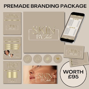 May include: A branding package for a business called "Skin by Julie". The package includes a logo, business cards, social media graphics, and a price tag of £95.