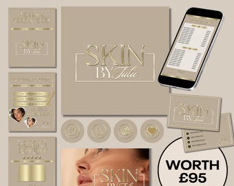 Beige and Gold Glam Beauty Logo & Branding Package, Premade Text-Based Chrome Logo Design with Social Media Templates, Price Lists and More