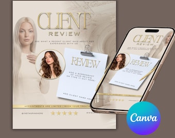 Client Review Canva Template, Beauty Salon, Beige Gold Luxe  (Instant Download)