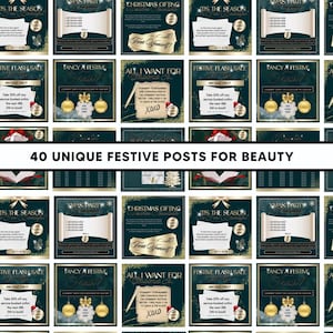 May include: A collage of 40 unique festive social media posts for beauty businesses. The posts feature a green and gold color scheme with various holiday themes, including "Christmas Gifting", "Tis the Season", "Fancy a Festive Treat", and "Festive Flash Sale".