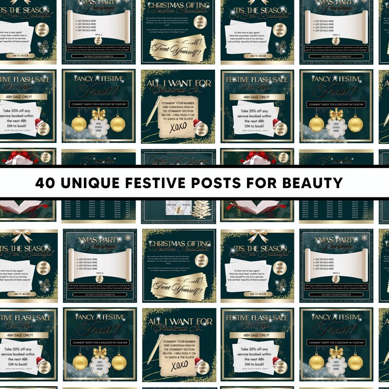 May include: A collage of 40 unique festive social media posts for beauty businesses. The posts feature a green and gold color scheme with various holiday themes, including "Christmas Gifting", "Tis the Season", "Fancy a Festive Treat", and "Festive Flash Sale".
