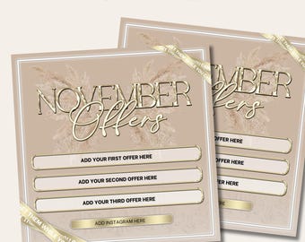 November Offers, Template for Instagram Feed, Beauty Industry, Boho Chic Premade Post, For Beautician, Beige & Gold, Canva Editable