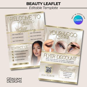 Folheto de beleza para empresário, bege e dourado, design digital, personalize no Canva e imprima você mesmo