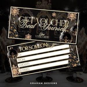 Christmas Gift Voucher, For Beauty Business, Black & Gold Theme, Gift Certificate Festive