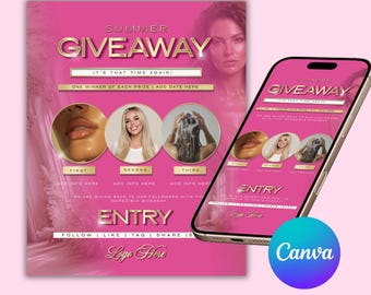 Summer Giveaway Post Instagram Template, Pink Gold Luxury Flyer (Digital Download)