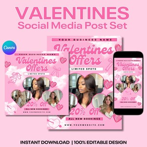 May include: Pink and white social media post template with the text "Valentines Offers" and "20% Off" with a heart design. The template features a photo of a woman with long black hair.