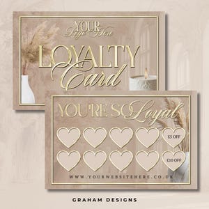 Design della carta fedeltà beige e oro, per titolari di attività di bellezza, Lash Tech, estetisti, solo progettazione digitale, modifica in Canva