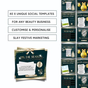 May include: A set of 40 unique social media templates for beauty businesses. The templates feature a festive Christmas theme with gold glitter, snowflakes, and a green background. The text on the templates includes "Tis the Season to Feel Beautiful", "Meet the Owner", "Book Now", and "Policy Reminder".
