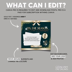 May include: A green and gold social media post with the text "Tis the season to feel beautiful" and a gold bow. The post also includes the text "Add logo here" and "DM to book".