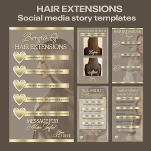 Plantillas de historias de Instagram de extensiones de cabello: 10 diseños editables de Canva para empresas de belleza, tema beige y dorado