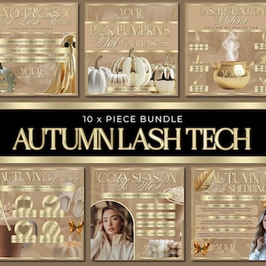 May include: A gold and brown promotional graphic for lash services, featuring the text "Autumn Lash Tech". The image includes offers, tips, and illustrations of pumpkins and a woman, all in a seasonal theme.