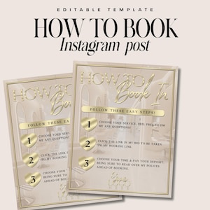 May include: A beige and gold Instagram post template with the text "How to Book In" and three steps to book an appointment. The steps are numbered 1, 2, and 3. The background is a marble-like pattern.