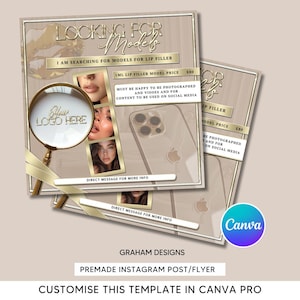 Puede incluir: Una plantilla de publicación en redes sociales para un negocio de rellenos de labios. La plantilla presenta un fondo de mármol blanco y dorado con una lupa y el texto "Buscando modelos". La plantilla también incluye una lista de precios para los servicios de rellenos de labios y una llamada a la acción para enviar un mensaje directo para obtener más información.