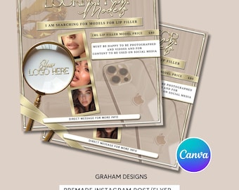 Beige and Gold Model Search Beauty Template, Editable in Canva Pro, Aesthetics Post, Social media Flyer for Beauty, Lash Technician