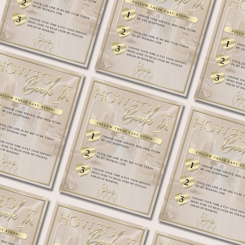 May include: Beige and gold graphic with the text "How to Book In" and three steps to book an appointment. Step 1: Choose your service, feel free to DM me any questions. Step 2: Click the link in my bio to be taken to my booking link. Step 3: Choose your time & pay your deposit, being sure to read over my policies ahead of booking.