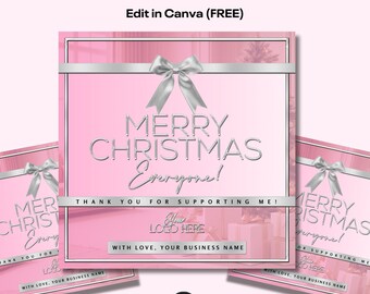Merry Christmas Instagram Post for business owner, pink & silver theme, instant download, Edit in Canva