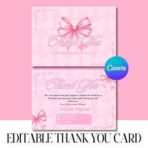 Coquette Thank you Card. Editable Template, For Canva Pro, Cute Girly Thank You Card, With Pink Bow, For Small Business