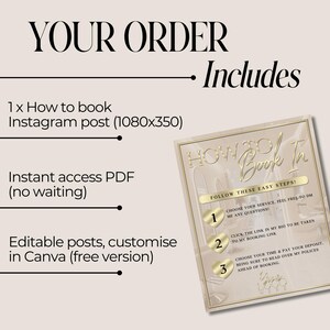 May include: A digital download for an Instagram post and PDF guide on how to book appointments. The post is 1080 pixels by 350 pixels. The guide includes three easy steps to book appointments. The guide is editable in Canva.