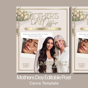 Könnte beinhalten: Eine Werbegrafik zum Muttertag in Beige- und Goldtönen. Der Text lautet "Muttertagsangebot" und "Verwöhnen Sie Ihre Mutter dieses Jahr..." mit Platz für ein Sonderangebot und einen Preis. Zwei Frauen lächeln. Die Grafik ist eine Canva-Vorlage.