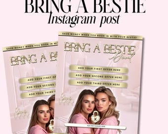 Bring a Bestie Post, new instagram size, bestie offer, pink & Gold Flyer, Editable in Canva Template, Special offer for beauty business