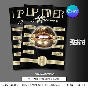 Nachmittagskarte für Lippenfüller, Schwarz-Gold-Vorlage, Ästhetik-Lippenfüller, Canva bearbeitbares Medspa, selbst ausdrucken, bearbeitbare Vorlage